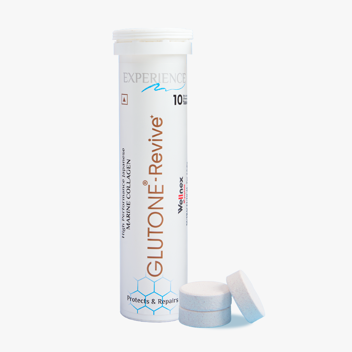 Glutone-Revive Effervescent Collagen Tablets – 2500 mg Wellnex Di-Peptide Marine Collagen|Supports Skin Hydration, Elasticity, Smooth Texture | For Men & Women | 10 Blueberry Flavour Tablets