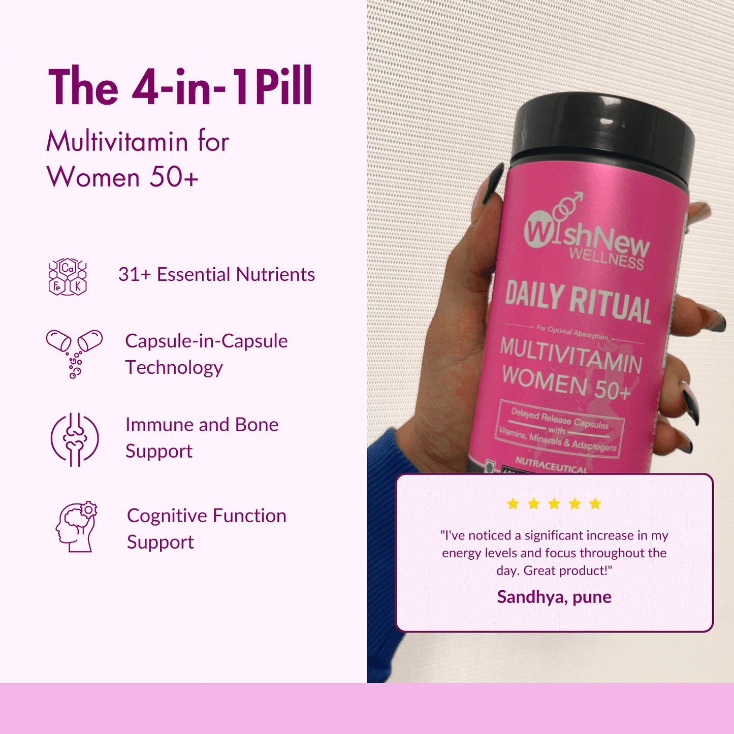 WishNew Wellness Daily Ritual Women's 50+ Multivitamin | Comprehensive Nutrient Blend for Menopause, Skin & Joint Health | 60 Delayed Release Oil Capsules for Optimal Absorption & Wellbeing