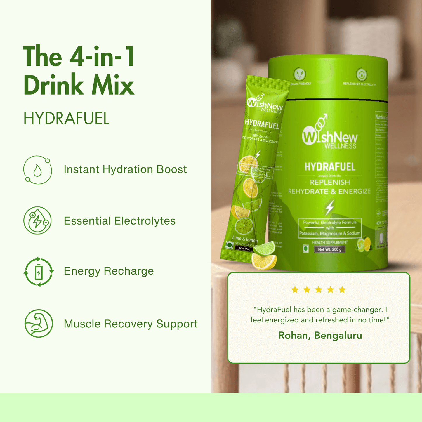 WishNew Wellness HydraFuel: Prime Electrolyte Energy Workout Drink Mix | Get Daily Hydration & Instant Energy Boost | Lemon & Lime Flavor with natural Sweetness| 20 Sachets | Suitable for Men & Women