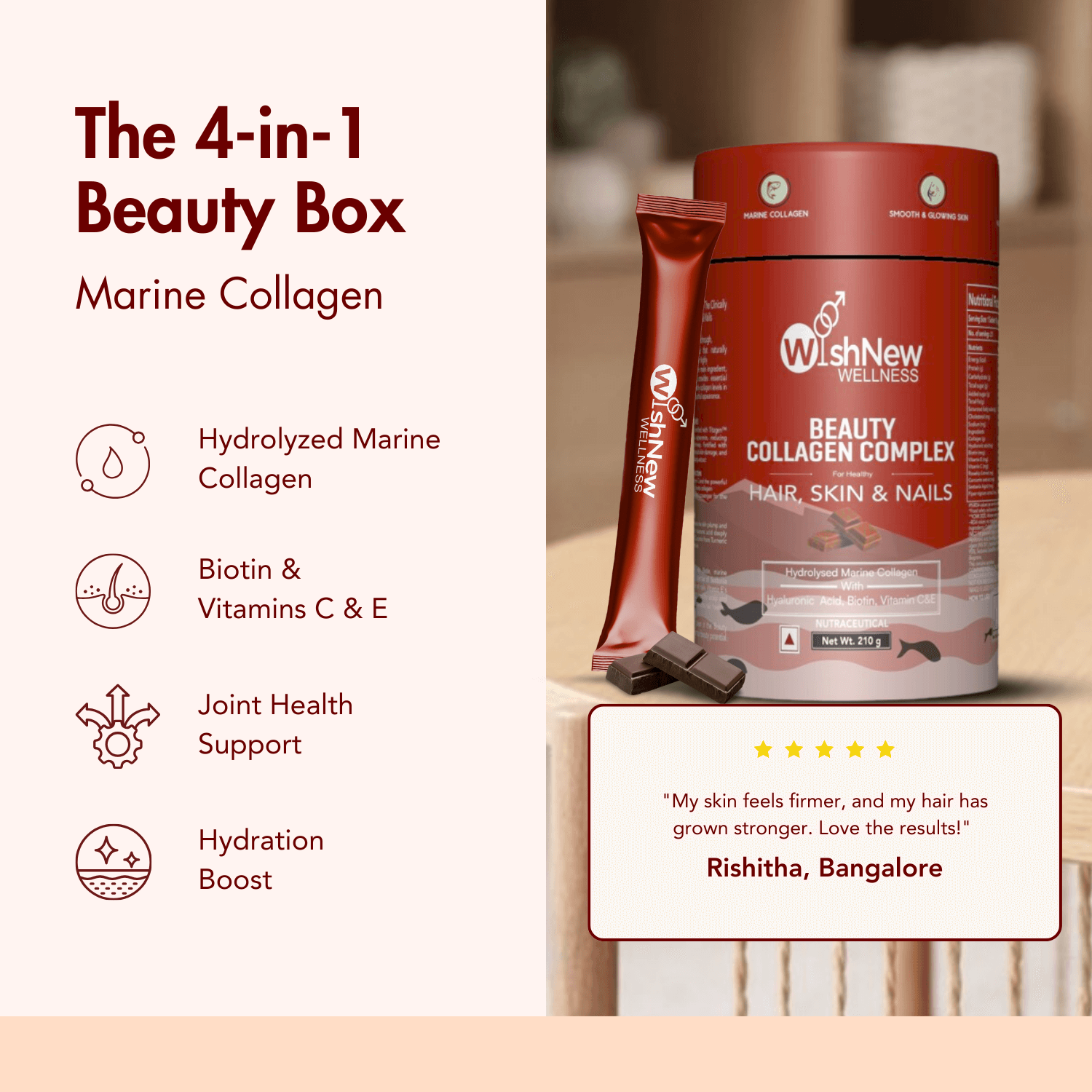 WishNew Wellness BEAUTY COLLAGEN COMPLEX | Enhanced Hair, Skin, Nails Health | 21 Servings of Nutrient-Rich Sachets | Hyaluronic Acid, Biotin, Vitamins C & E | Natural Chocolate Flavor Pack of 2