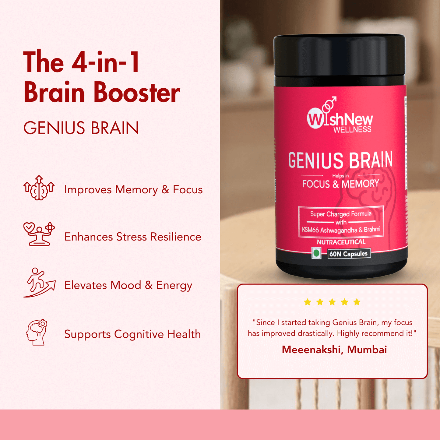 WishNew Wellness GENIUS BRAIN | Advanced Nootropic Formula for Focus & Memory | 60 Vegetarian Capsules with Natural Brain Boosters | Mucana, Brahmi, Ginkgo Biloba & More