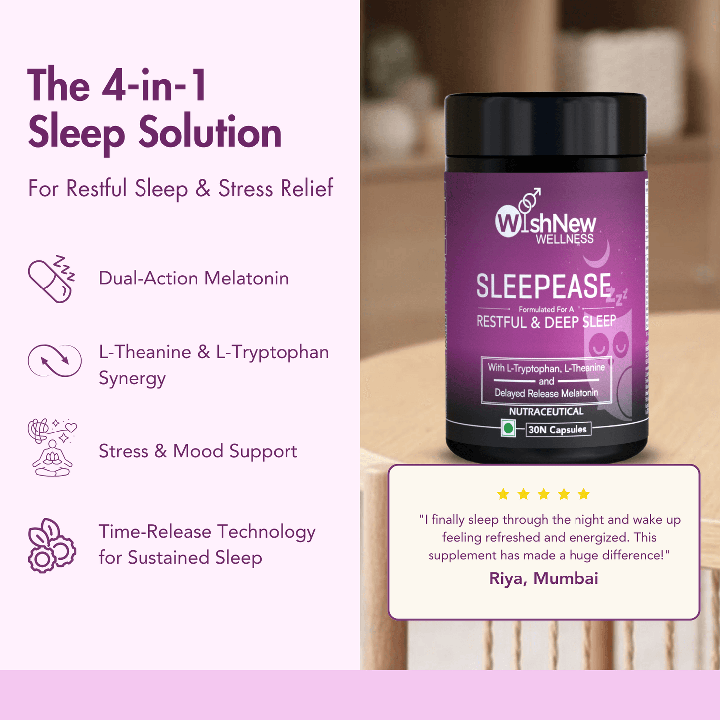 WishNew Wellness SLEEPEASE | 30 Veg Capsules | Advanced Sleep Formula | L-Theanine, Melatonin, Valerian, Ashwagandha | Deep Restful Sleep | Non-Habit Forming | 100% Vegetarian | Enhanced Relaxation Pack of 2