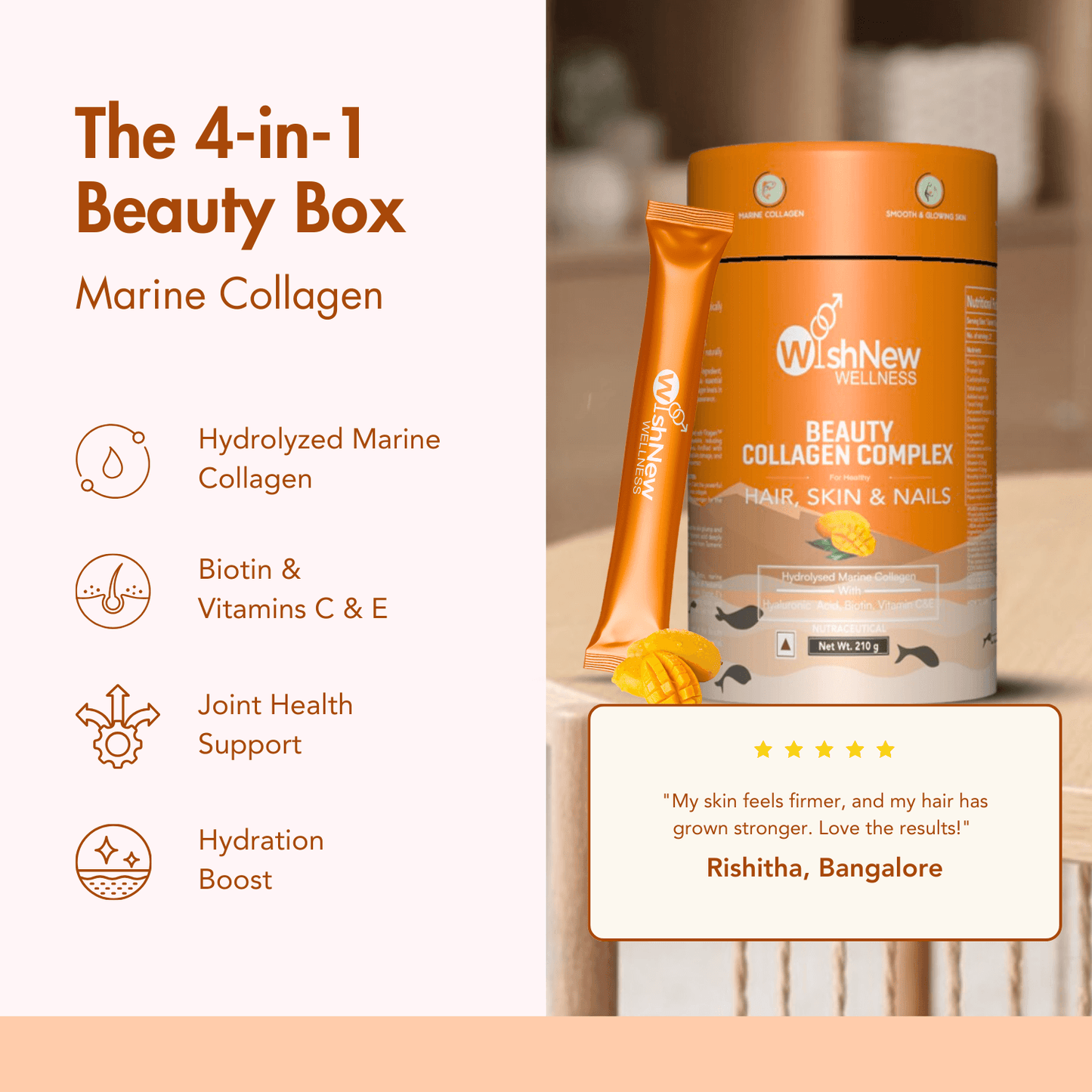 WishNew Wellness BEAUTY COLLAGEN COMPLEX | Radiant Hair, Skin & Nails | 21 Sachets with Collagen, Hyaluronic Acid, Biotin, Vitamins E & C, Rosehip & Curcumin Extracts | Enhanced Absorption Formula