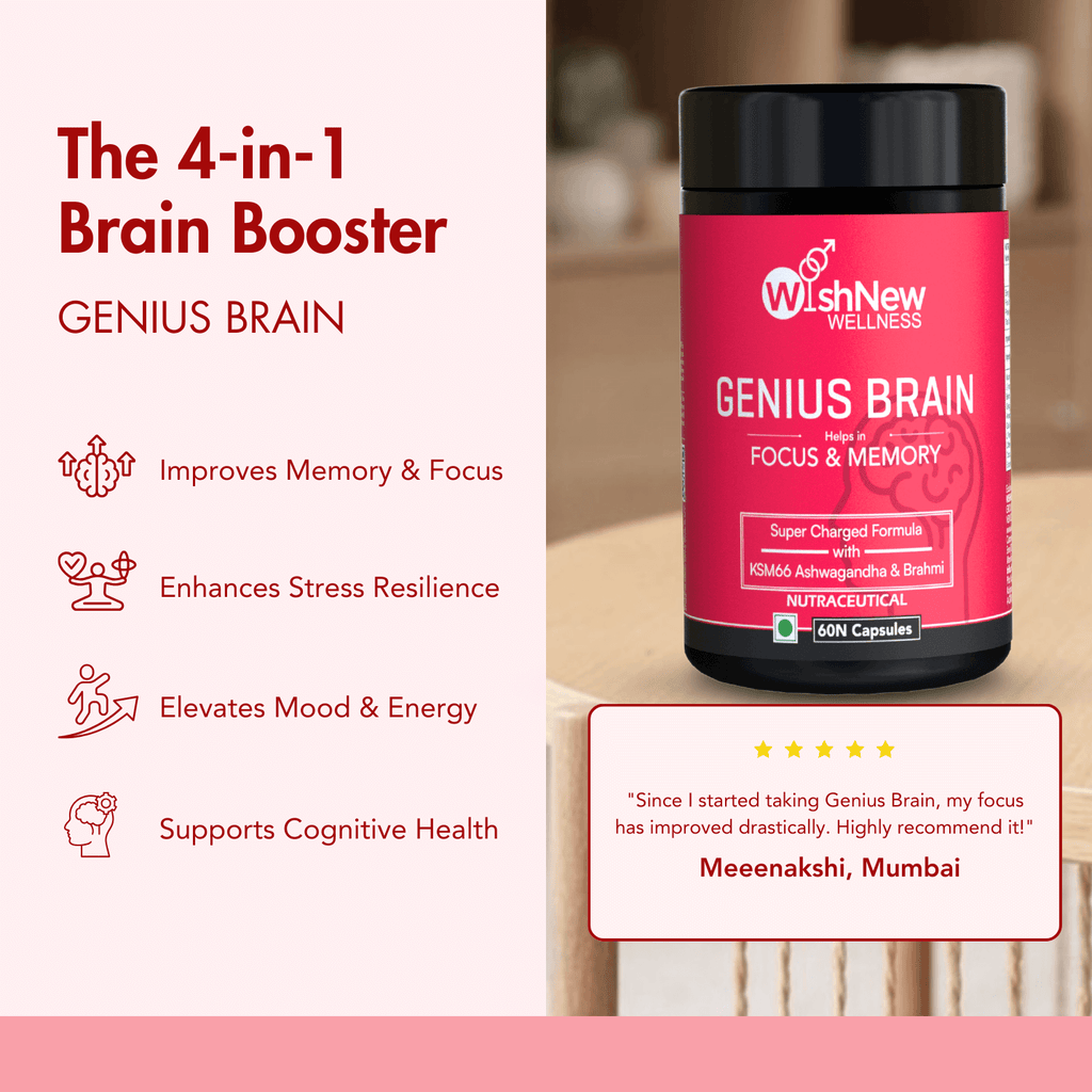 WishNew Wellness Genius Brain Booster - Advanced Nootropic for Enhanced Focus, Memory & Concentration | 60 Veg Capsules | With Mucuna, Brahmi & Ginkgo Biloba | Natural Supplement for Cognitive Support Pack of 2