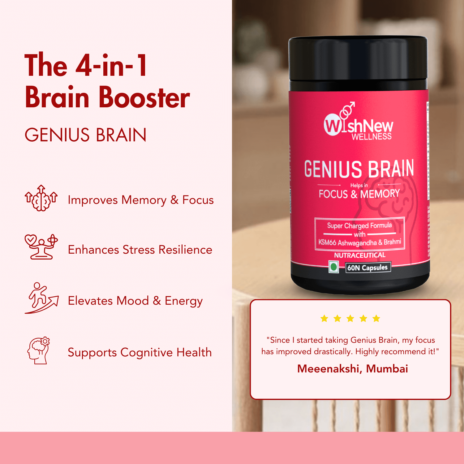 WishNew Wellness Genius Brain Booster - Advanced Nootropic for Enhanced Focus, Memory & Concentration | 60 Veg Capsules | With Mucuna, Brahmi & Ginkgo Biloba | Natural Supplement for Cognitive Support Pack of 2