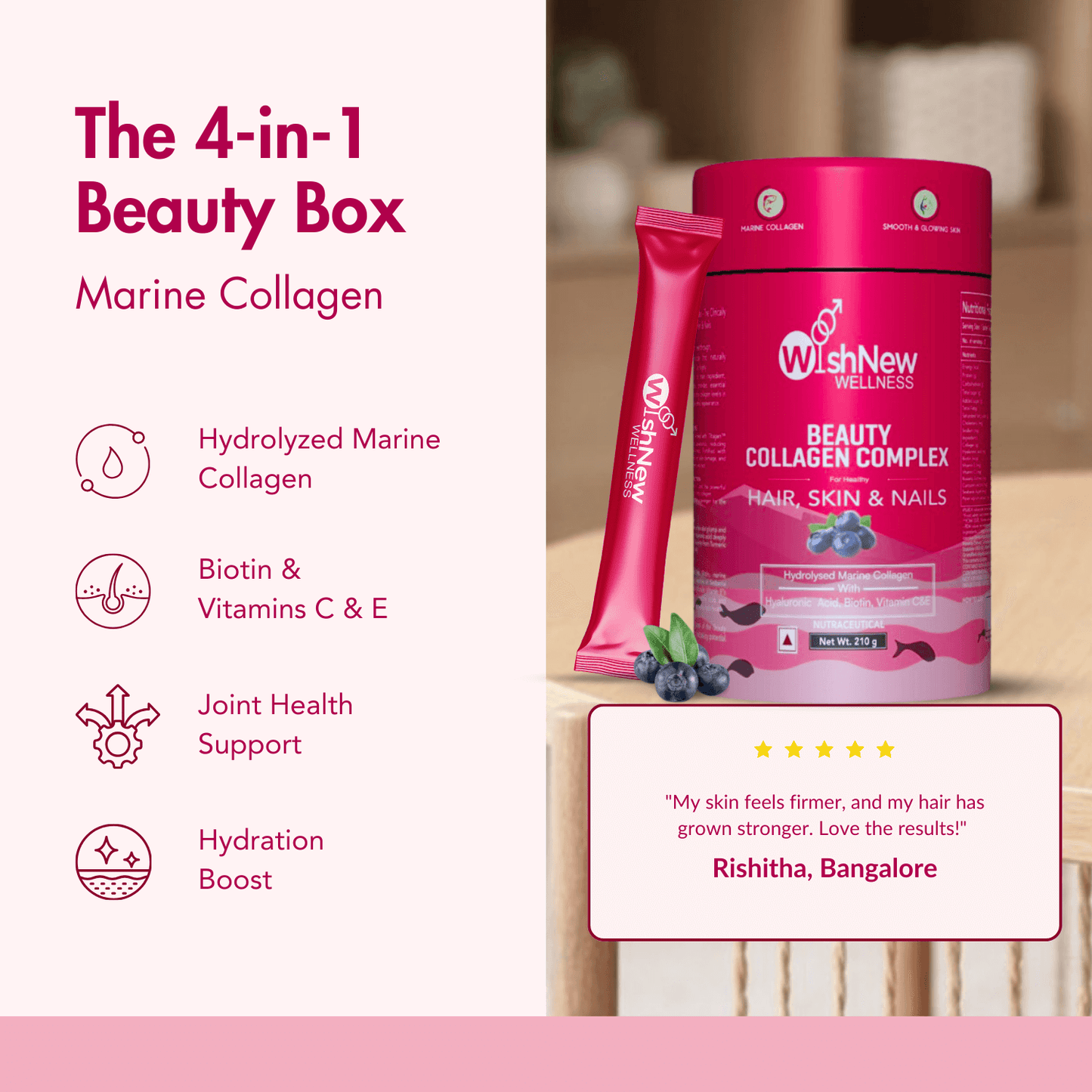 WishNew Wellness BEAUTY COLLAGEN COMPLEX, 21 Servings | Berry Flavor | Nourishment for Healthy Hair, Skin & Nails | 1 Sachet (10g) Daily Pack of 2