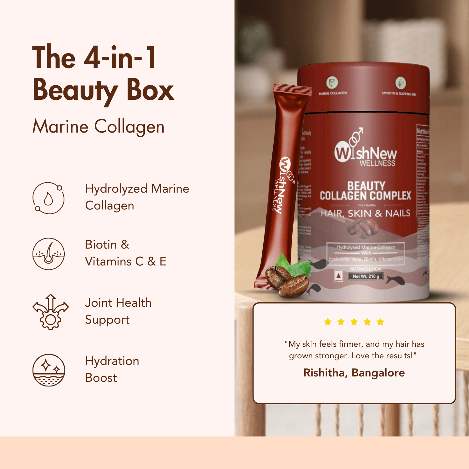 WishNew Wellness BEAUTY COLLAGEN COMPLEX | Radiant Skin, Lustrous Hair & Strong Nails | 21 Sachets with Collagen, Hyaluronic Acid, Biotin | Coffee Flavor | Natural Ingredients for Beauty Boost