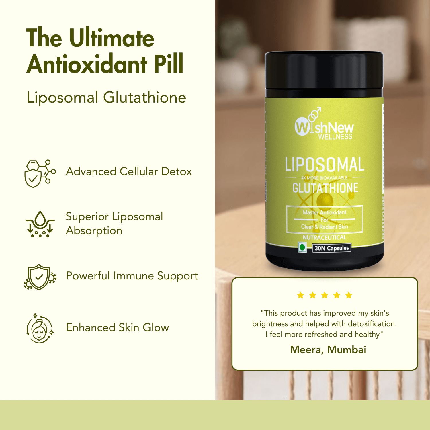 Wishnew Wellness LIPOSOMAL GLUTATHIONE Capsules - For Youthful & Radiant Skin | Immune Health | 30 Vegetarian Capsules - With Enhanced Bioavailability & Antioxidant Support | Suitable for Men & Women