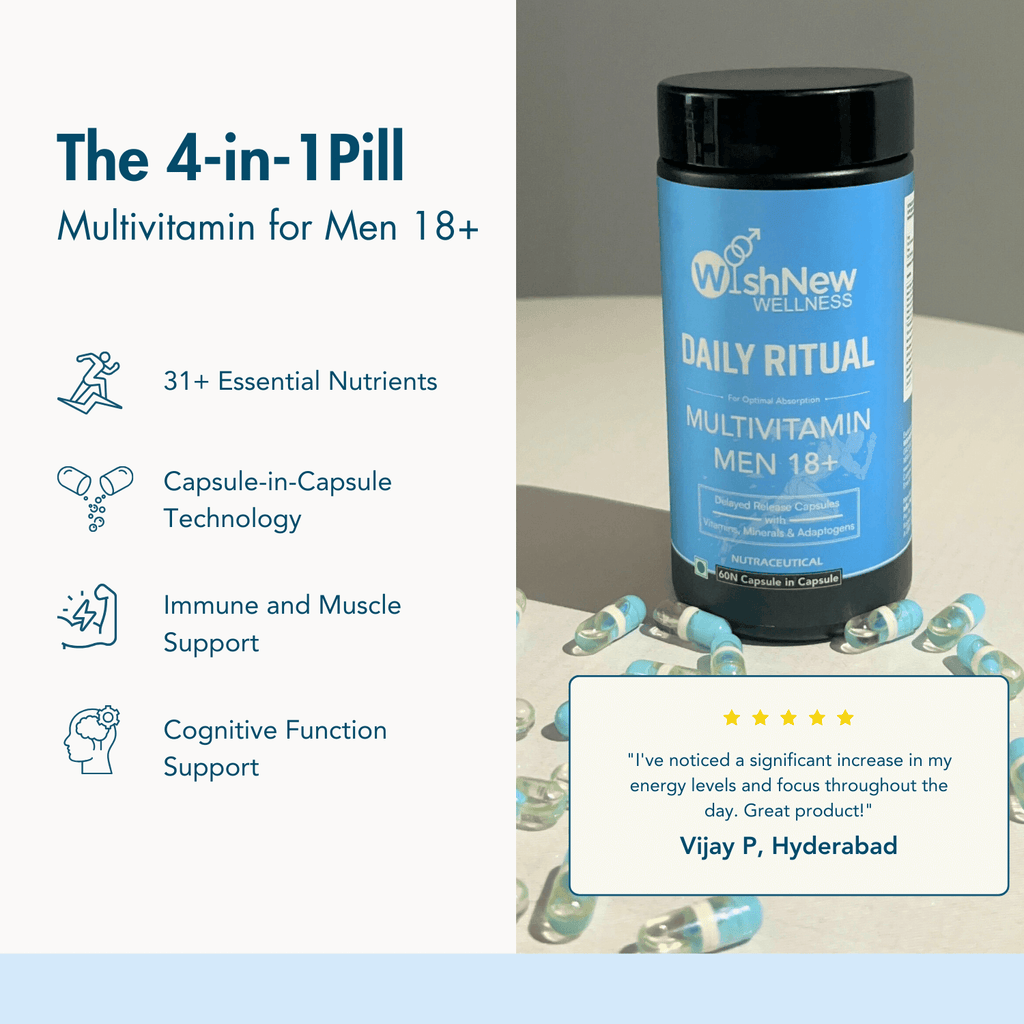 WishNew Wellness Daily Ritual Men's Multivitamin 18+ | Comprehensive 36-Nutrient Blend for Peak Energy & Metabolism | Boosts Stamina, Immune Health | 120 Non-GMO Delayed Release Capsules