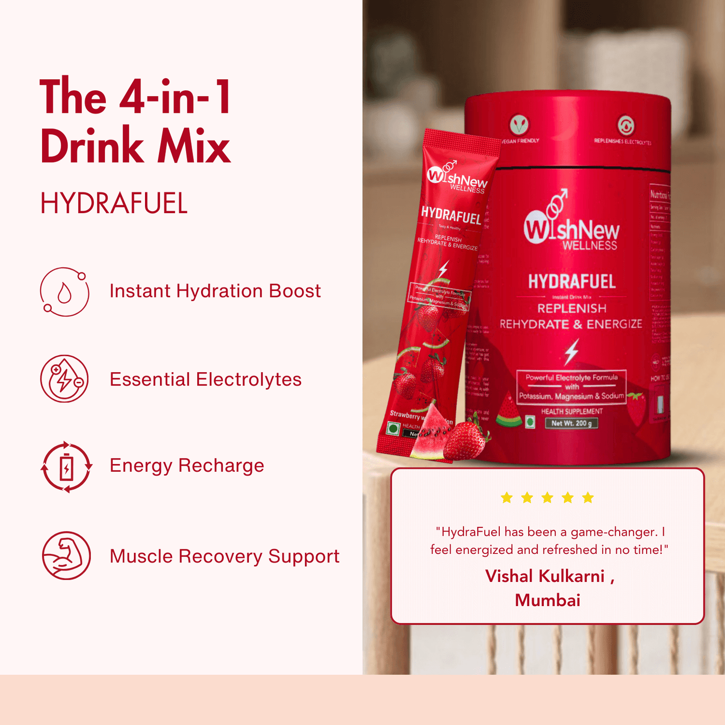 WishNew Wellness HydraFuel: Prime Electrolyte Energy Workout Drink Mix | Get Daily Hydration & Instant Energy Boost | Strawberry-Watermelon with natural Sweetness| 20 Sachets | Suitable for Men & Women Pack of 2