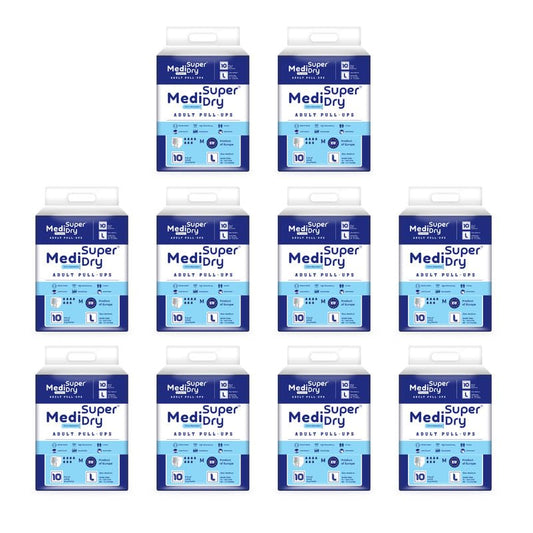 Medisuperdry Adult Diaper Pants | Large (L) |Waist 101-152 cm (40-60 inches) |High Absorbency -10 Hrs |RashFree |Leakproof |Breathable |Odourless |Elastic Waist |For Men & Women |100 Units, Pack of 10