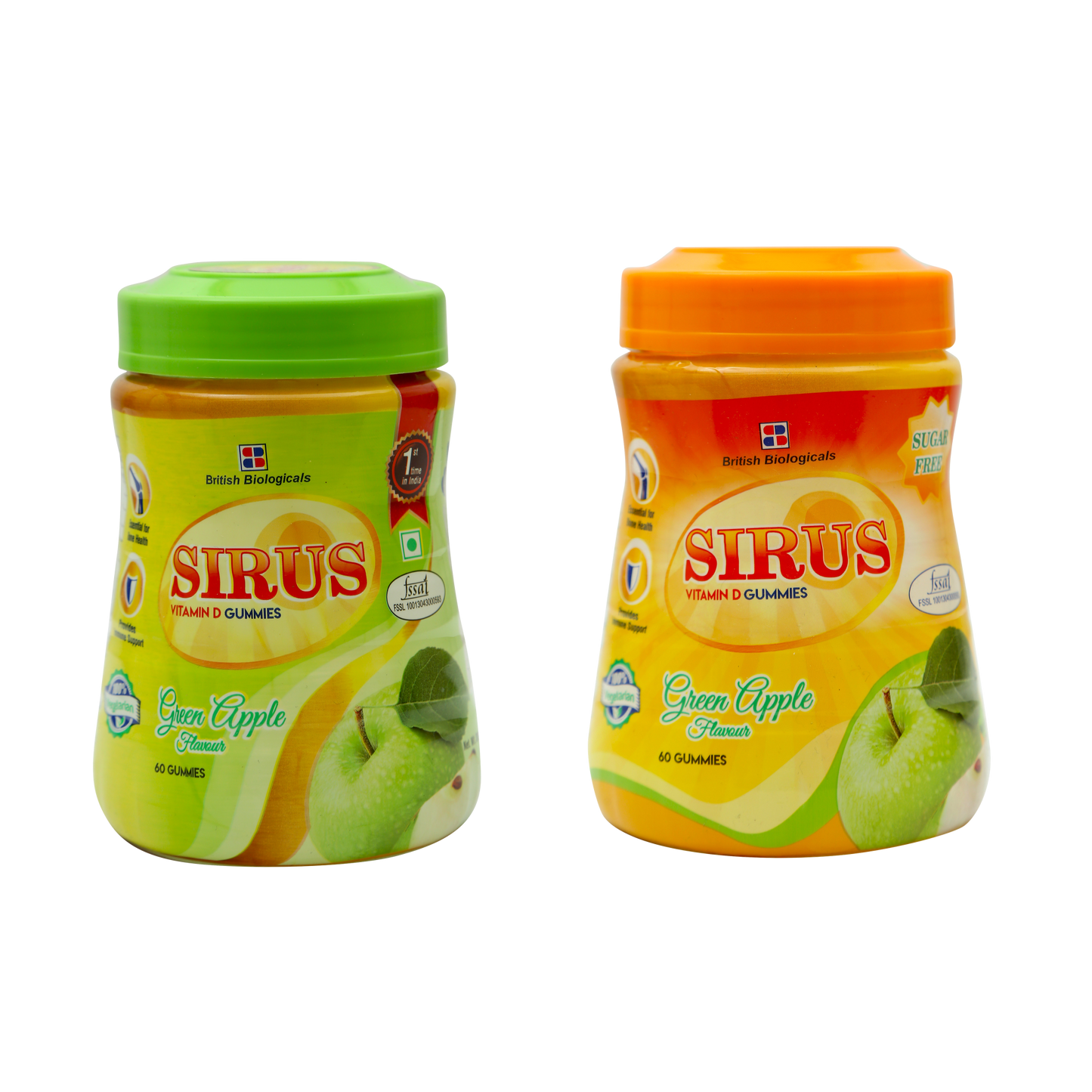 British Biologicals Sirus Sugar Gummies and Sirus Sugar Free Gummies Combo | For Women & Men - Supports Immunity, Bones, Teeth, Brain and Nervous System - Gluten Free - Green Apple Flavor