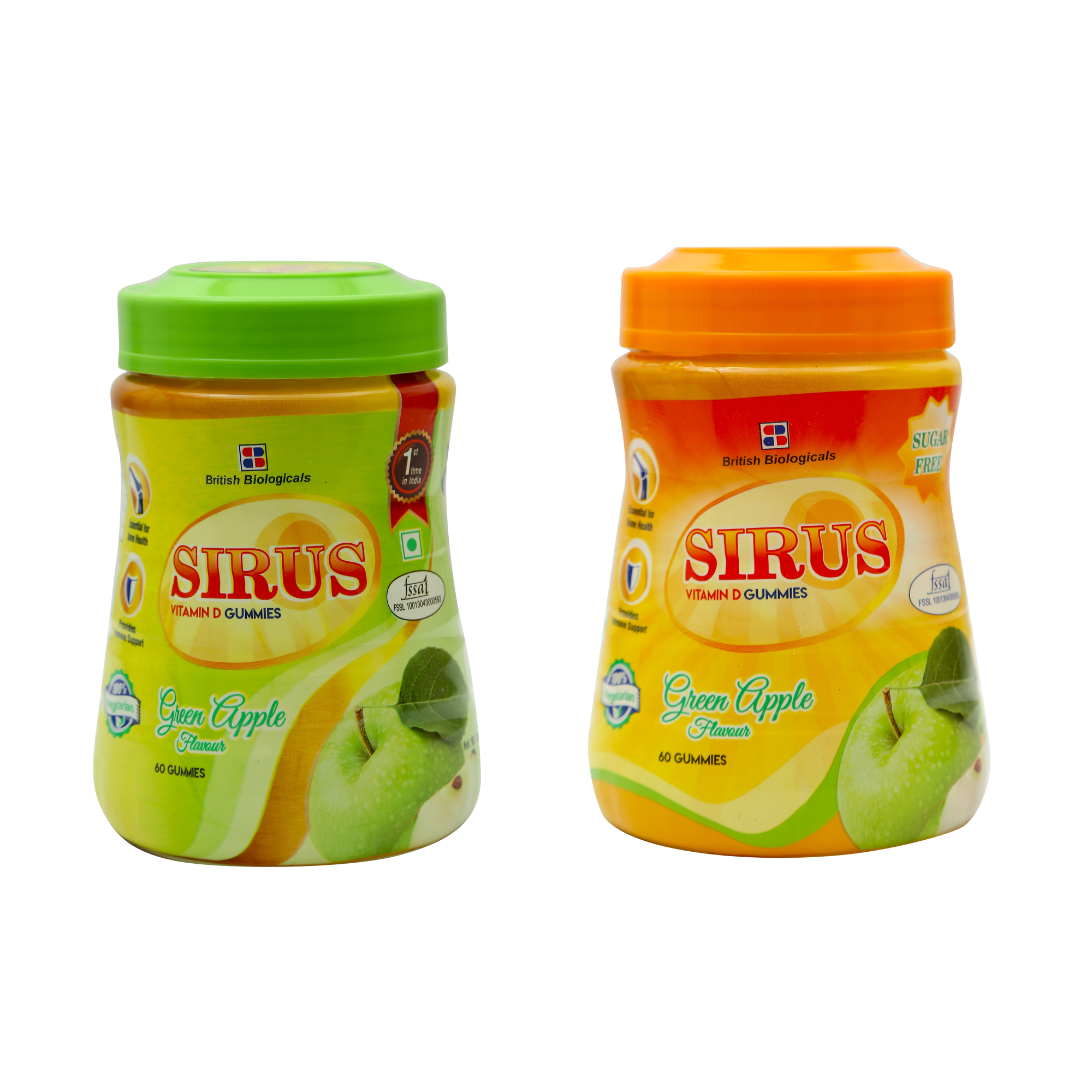 British Biologicals Sirus Sugar Gummies and Sirus Sugar Free Gummies Combo | For Women & Men - Supports Immunity, Bones, Teeth, Brain and Nervous System - Gluten Free - Green Apple Flavor
