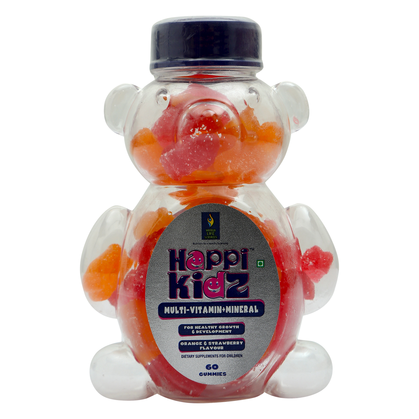 Happi Kidz Multivitamin Gummies For Kids - (60 Count Gummy Bears) - with 16 essential vitamins and minerals - Supports Growth and Immunity -Orange & Strawberry - Children above 2 years - British Lifesciences