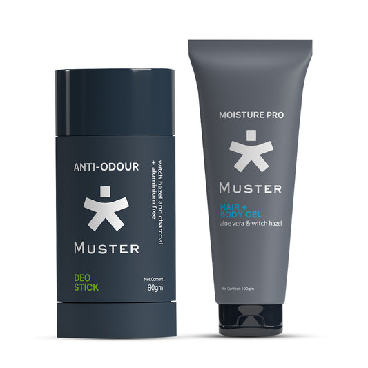 Muster Men Combo - Deo Stick & Hair & Body Gel | Aluminum-Free Deo Stick | Anti-Odour Formula | All-Day Freshness | Aloe Vera Hair & Body Gel | Gentle Care for Hair & Body | Men Grooming Essentials