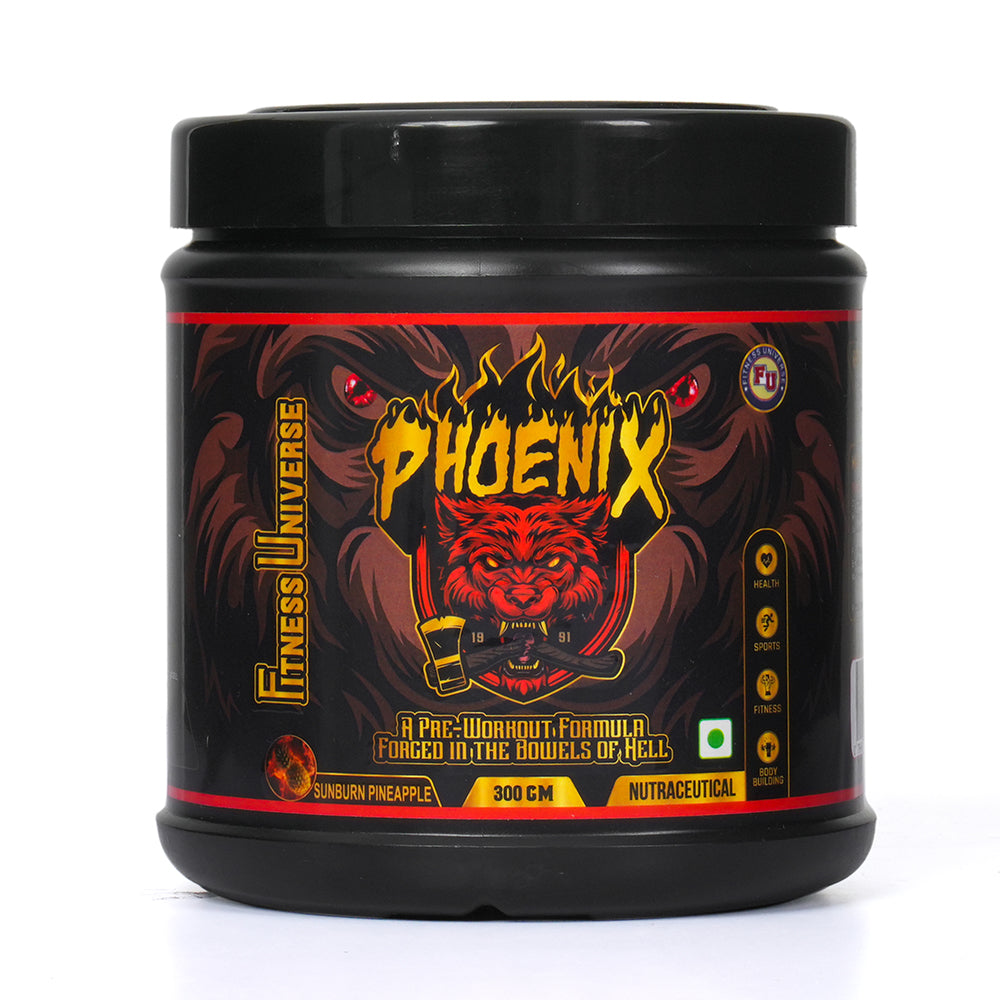 Fitness Universe Phoenix Pre-Workout Supplement | Sunburn Pineapple | 300g | 30 Servings | With Creatine Monohydrate & Beta-Alanine | Contains Natural Caffeine