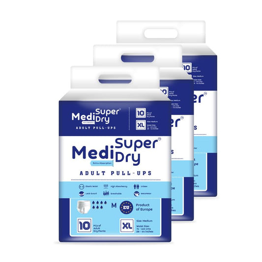 Medisuperdry Adult Diaper Pants | Extra Large (XL) |Waist 147-172 cm (58-68 inches) |High Absorbency -10 Hrs |Leakproof |Breathable |Odourless |Elastic Waist |For Men & Women | 30 Units, Pack of 3