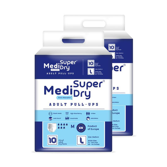 Medisuperdry Adult Diaper Pants | Large (L) |Waist 101-152 cm (40-60 inches) |High Absorbency -10 Hrs |Rash-Free |Leakproof |Breathable |Odourless |Elastic Waist |For Men & Women | 20 Units, Pack of 2