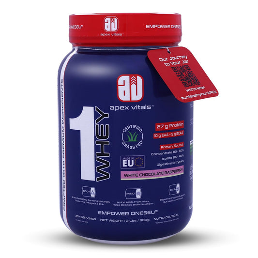 Apex Vitals 1 Whey|Grass-Fed Whey|Made In Europe|FDA,EFSA & FSSAI Certified|27g Protein,10g EAA+ 5gBCAA|Concentrate 80-60%,Isolate 86-40%,Digestive Enzymes|2lbs (900g)25+ Ser-White Chocolate Raspberry