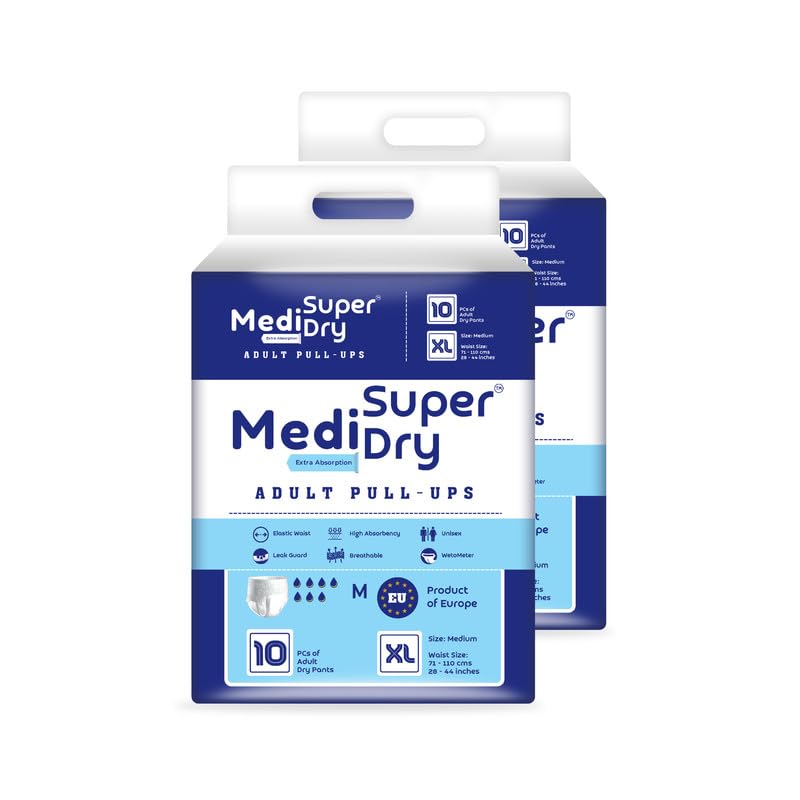 Medisuperdry Adult Diaper Pants | Extra Large (XL) |Waist 147-172 cm (58-68 inches) |High Absorbency -10 Hrs |Leakproof |Breathable |Odourless |Elastic Waist |For Men & Women | 20 Units, Pack of 2