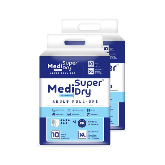 Medisuperdry Adult Diaper Pants | Extra Large (XL) |Waist 147-172 cm (58-68 inches) |High Absorbency -10 Hrs |Leakproof |Breathable |Odourless |Elastic Waist |For Men & Women | 20 Units, Pack of 2