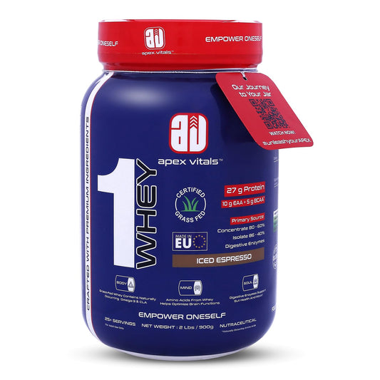 Apex Vitals 1 Whey|Grass-Fed Whey|Made In Europe|FDA,EFSA & FSSAI Certified|27g Protein, 10g EAA+ 5g BCAA|Concentrate 80-60%, Isolate 86-40%,Digestive Enzymes|2lbs (900g)-25+ Ser- Iced Espresso