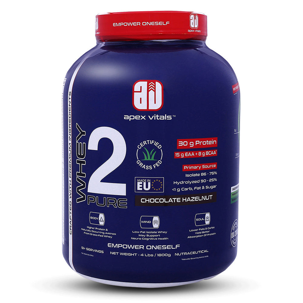 Apex Vitals Whey 2 Pure -  Grass-Fed Whey Made in EU | Whey Isolate & Hydrolyzed | 30g Protein, 15g EAA + 8g BCAA | Digestive Enzymes | Muscle Build & Recovery |Chocolate Hazelnut - 1800g (4 lbs)