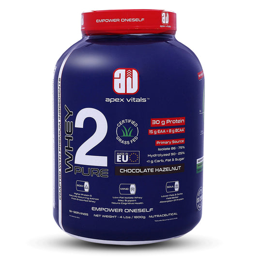 Apex Vitals Whey 2 Pure -  Grass-Fed Whey Made in EU | Whey Isolate & Hydrolyzed | 30g Protein, 15g EAA + 8g BCAA | Digestive Enzymes | Muscle Build & Recovery |Chocolate Hazelnut - 1800g (4 lbs)