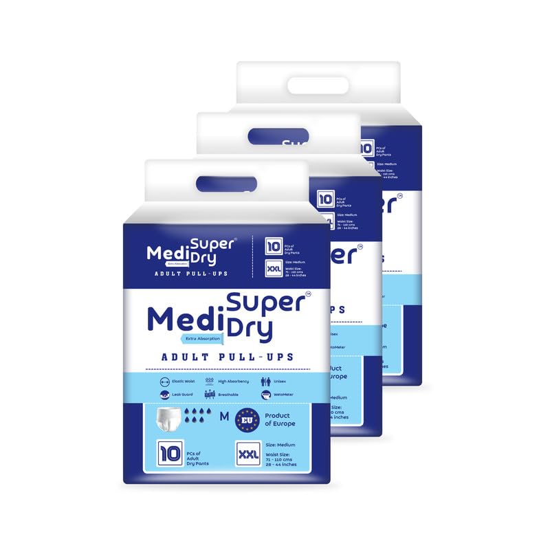 Medisuperdry Adult Diaper Pants | Double Extra Large (2XL) |Waist 152-205 cm (60-80 inches) |High Absorbency -10 Hrs |Leakproof |Breathable |Odourless |Elastic Waist |Men & Women | 30 Units, Pack of 3