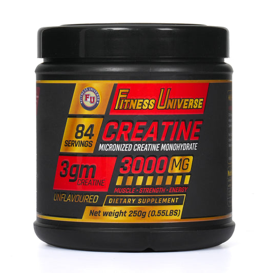 Fitness Universe Micronized Creatine Monohydrate Powder | 250g | 84 Servings | Unflavoured | Supports Performance, Muscle Strength & Power | Fast Recovery