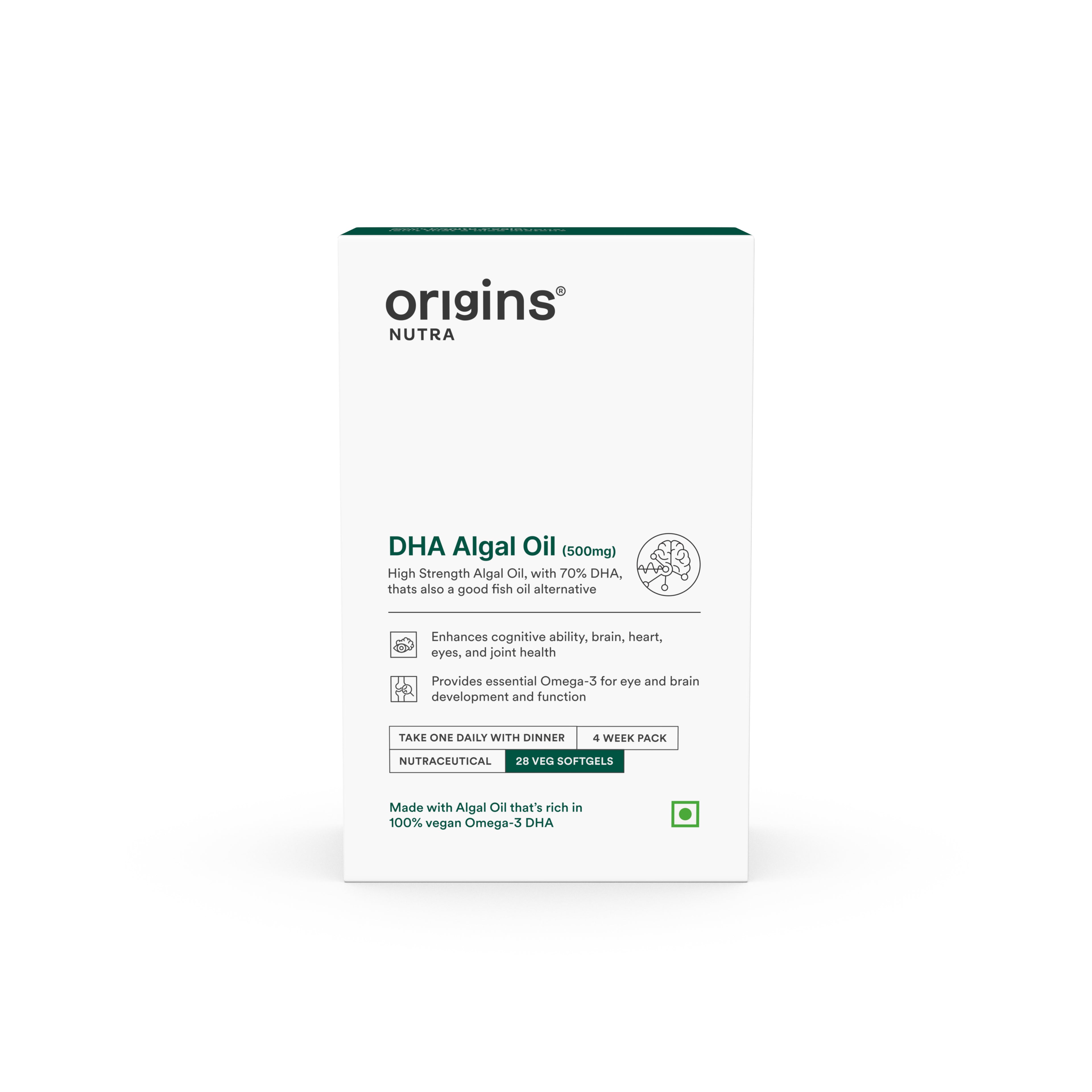 Origins Nutra DHA Algal Oil |Plant-Based High Strength 70% Omega 3 DHA, Improves Memory, Brain & Eye Health |Healthy Aging| Plant Based |GMP Certified | Non-GMO |For Men & Women | 28 Softgels | 4 Weeks Pack