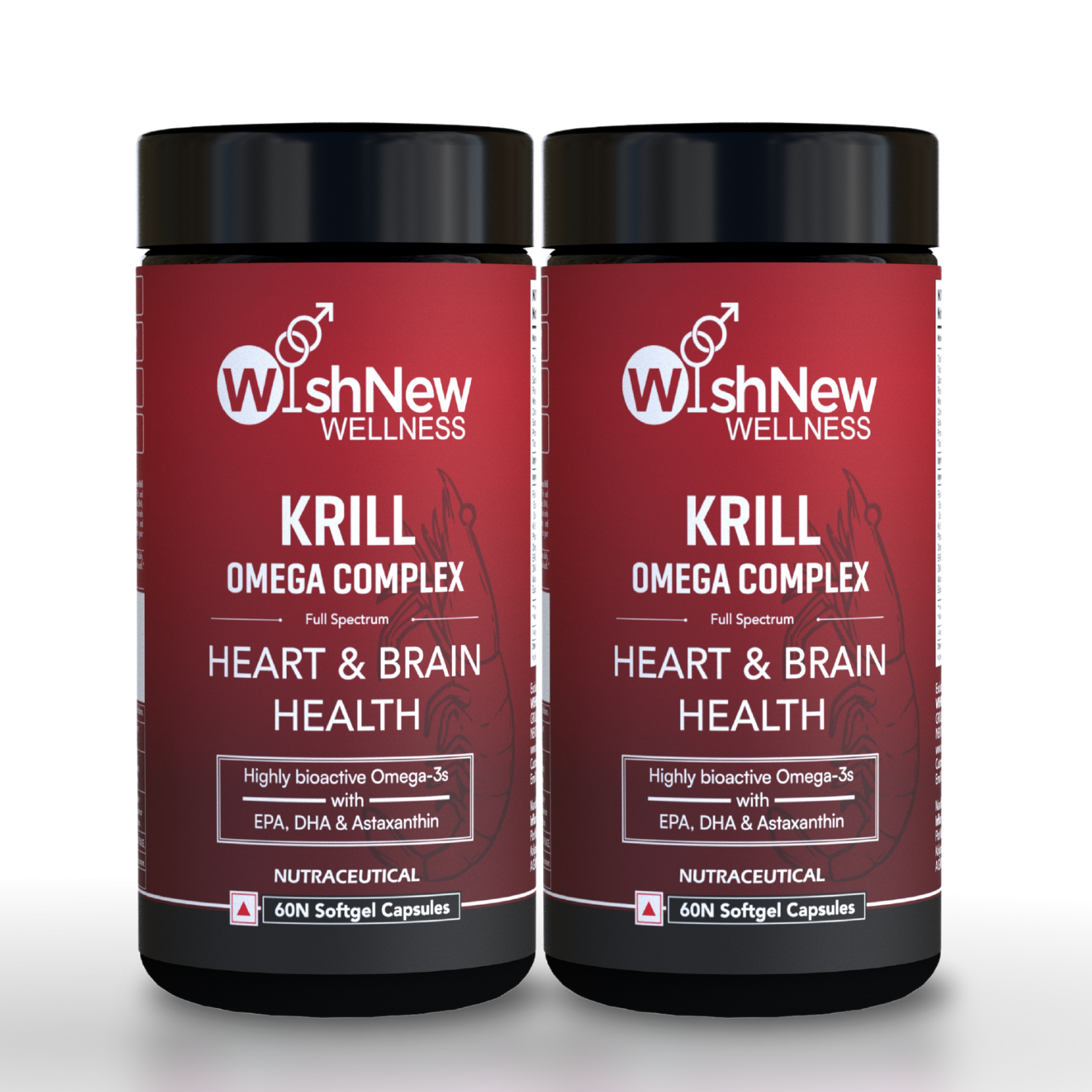 WishNew Wellness Krill Omega Complex for Heart & Brain Health, 60 Enhanced Absorption Softgels with 2000mg Fish Oil & 250mg Krill, Rich in EPA & DHA Plus Astaxanthin Pack of 2