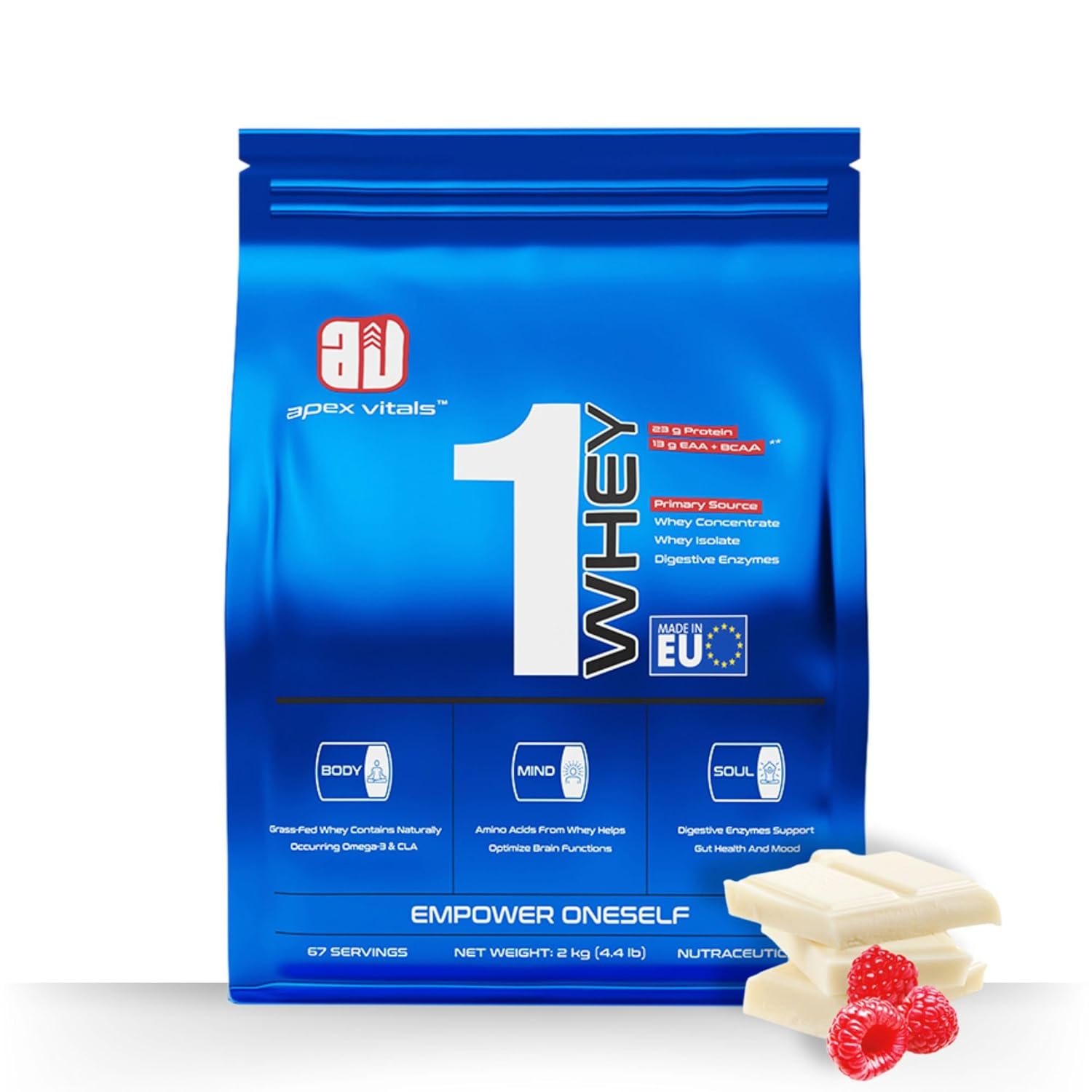 Apex Vitals 1 Whey | Grass-Fed Whey | Made In Europe | FDA,EFSA & FSSAI Certified | 23g Protein, 13g EAA+BCAA | Concentrate 60%, Isolate 40%,Digestive Enzymes | 2Kg-67 Ser-White Chocolate Raspberry
