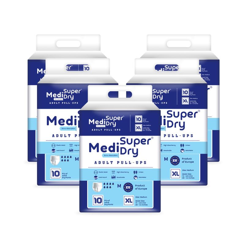 Medisuperdry Adult Diaper Pants | Extra Large (XL) |Waist 147-172 cm (58-68 inches) |High Absorbency -10 Hrs |Leakproof |Breathable |Odourless |Elastic Waist |For Men & Women | 50 Units, Pack of 5