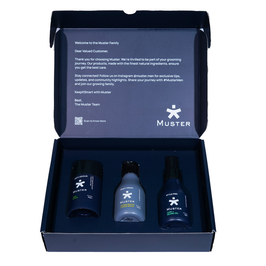 Muster Men Grooming Essentials Gift Box | After Shave Face Balm (100 ml) | Anti-Odour Deo Stick (80 g) | Style Pro Hair & Beard Oil Spray (80 ml) | Premium Grooming Kit for Men | Gift Set for Him