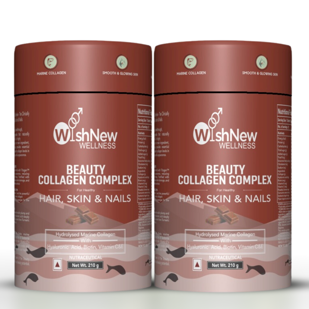 WishNew Wellness BEAUTY COLLAGEN COMPLEX | Enhanced Hair, Skin, Nails Health | 21 Servings of Nutrient-Rich Sachets | Hyaluronic Acid, Biotin, Vitamins C & E | Natural Chocolate Flavor Pack of 2