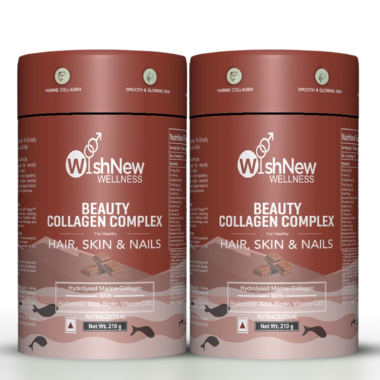 WishNew Wellness BEAUTY COLLAGEN COMPLEX | Enhanced Hair, Skin, Nails Health | 21 Servings of Nutrient-Rich Sachets | Hyaluronic Acid, Biotin, Vitamins C & E | Natural Chocolate Flavor Pack of 2