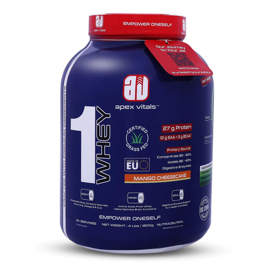 Apex Vitals 1 Whey - Grass-Fed Whey | 27g Protein, 10g EAA + 5g BCAA | Concentrate 80-60%, Isolate 86-40%, Digestive Enzymes | FDA, EFSA & FSSAI Certified|Mango Cheesecake - 4lbs