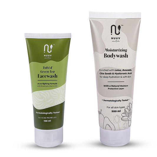 Nuuv Essential Combo - Tulsi & Green Tea Facewash & Moisturizing Bodywash | Daily Glow Duo | Vegan | Paraben-Free | Glow and Hydration | For All Skin Types | 100ml + 200ml