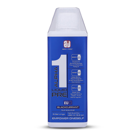 Apex Vitals Alpha 1 Liquid Pre Sports RTD|Made In Europe|FDA,EFSA & FSSAI Certified|Natural Spring Water(Mohai Agnes),Beta Alanine,Taurine,Naicin & Caffeine|Energy,Focus & Performance|BlackCurrant Flavour