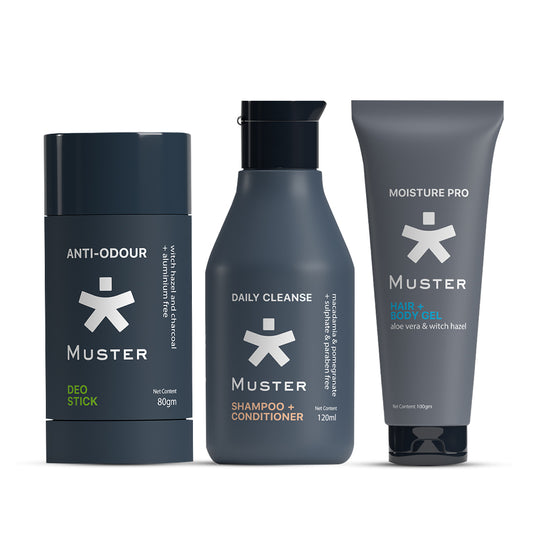 Muster Men Grooming Set | Aloe Vera Hair & Body Gel | Deep Cleanse Shampoo & Conditioner | Sulphate & Paraben Free | Anti-Odor Deo Stick | All-Day Freshness | Men Grooming Essentials