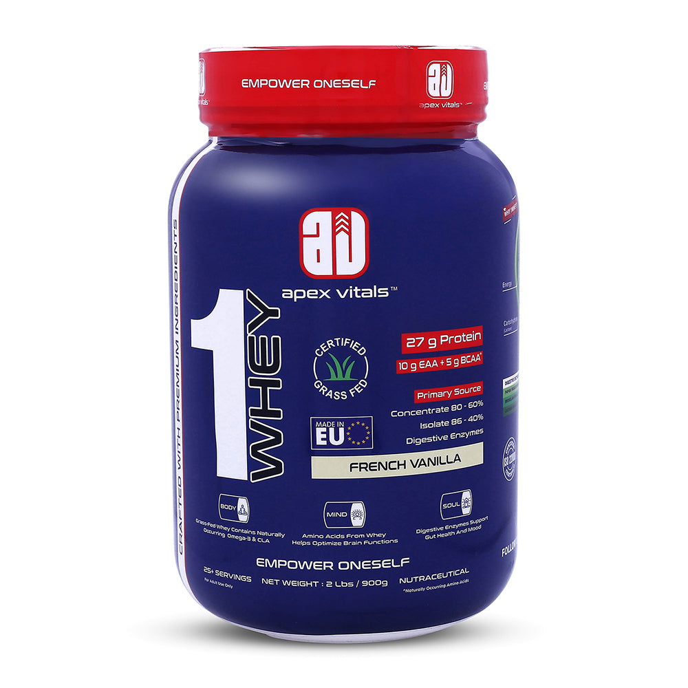 Apex Vitals 1 Whey|Grass-Fed Whey|Made In Europe|FDA,EFSA & FSSAI Certified|27g Protein, 10g EAA+ 5g BCAA|Concentrate 80-60%, Isolate 86-40%,Digestive Enzymes|2lbs (900g)-25+ Ser- French Vanilla