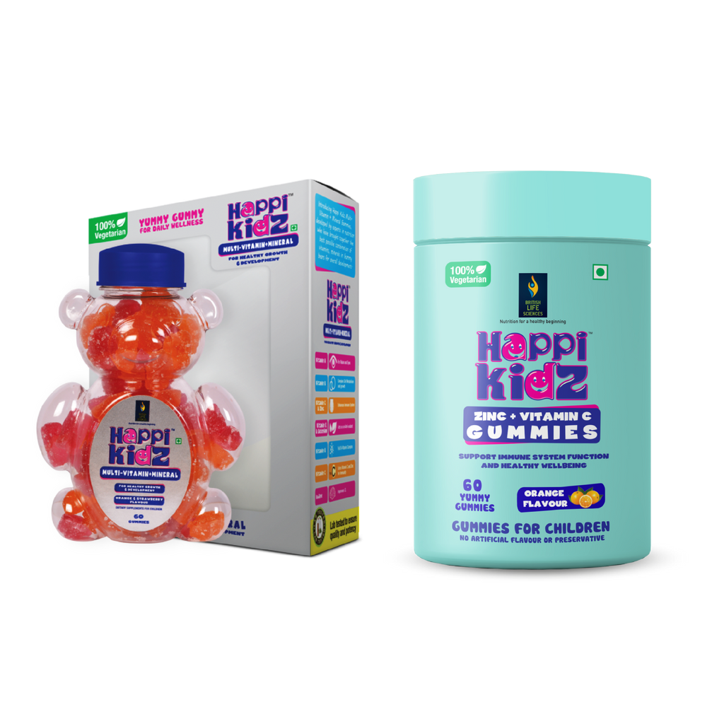 British Life Sciences Happi Kidz Multivitamin Gummies + Minerals & Happi Kidz Zinc+Vitamin C Gummies Combo | Natural, Strong Bones, Muscles and Teeth, Boosts Immunity