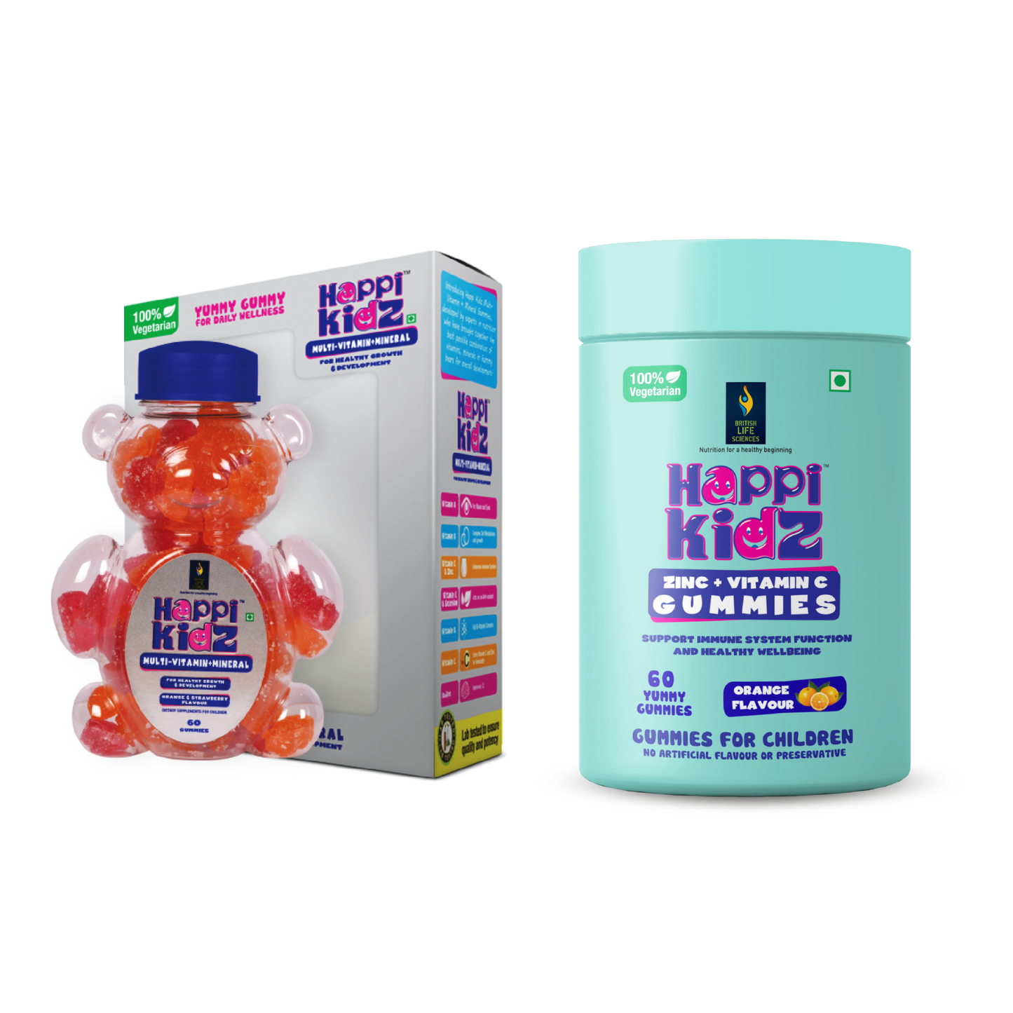 British Life Sciences Happi Kidz Multivitamin Gummies + Minerals & Happi Kidz Zinc+Vitamin C Gummies Combo | Natural, Strong Bones, Muscles and Teeth, Boosts Immunity