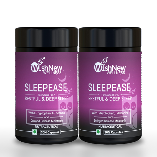 WishNew Wellness SLEEPEASE | 30 Veg Capsules | Advanced Sleep Formula | L-Theanine, Melatonin, Valerian, Ashwagandha | Deep Restful Sleep | Non-Habit Forming | 100% Vegetarian | Enhanced Relaxation Pack of 2