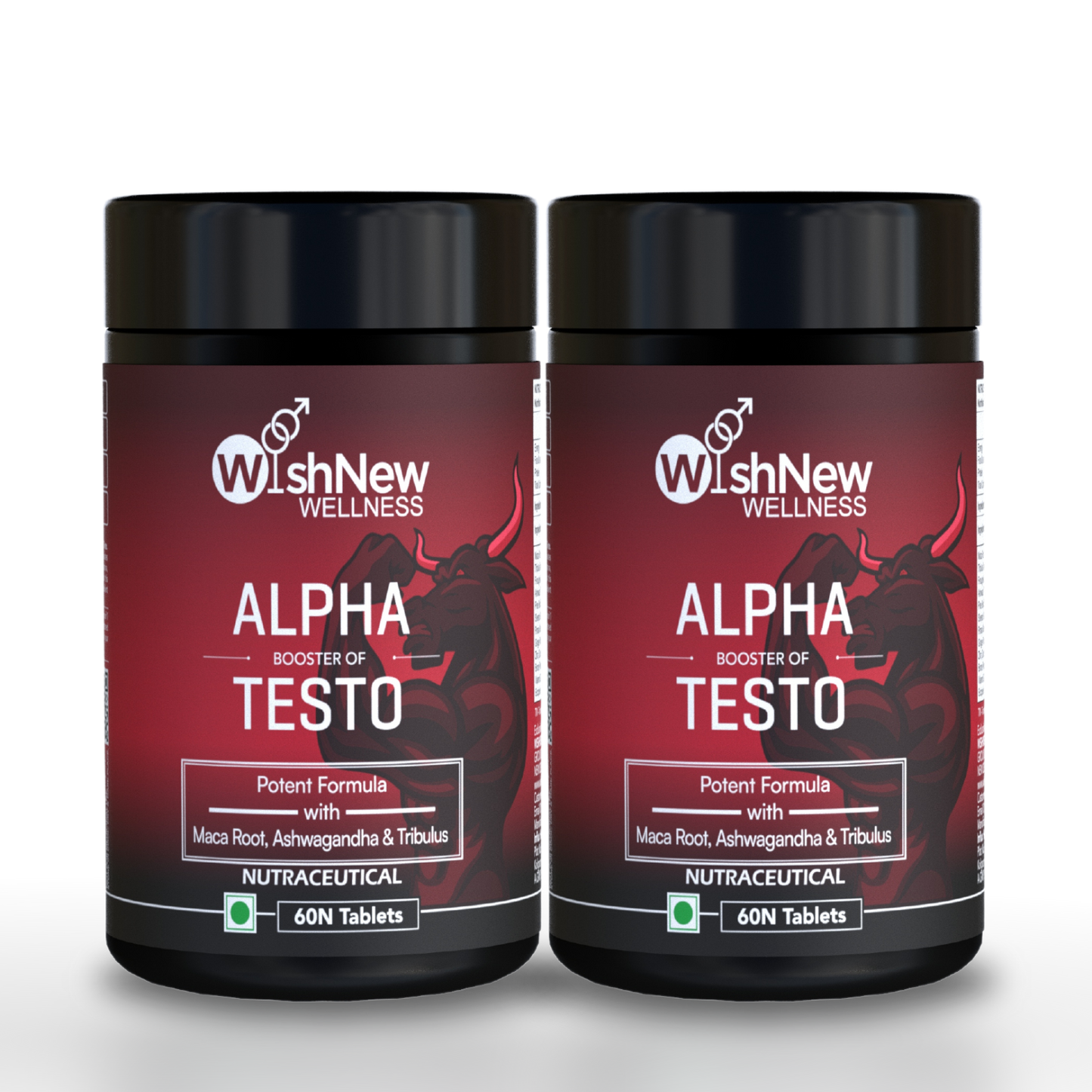 WishNew Wellness ALPHA BOOSTER OF TESTO | 60 Veg Tablets | Enhanced Testosterone Support | Maca, Tribulus, Ginseng | Muscle Growth, Energy, Stamina | Zinc, Vitamin D2 | Men's Health & Vitality Pack of 2