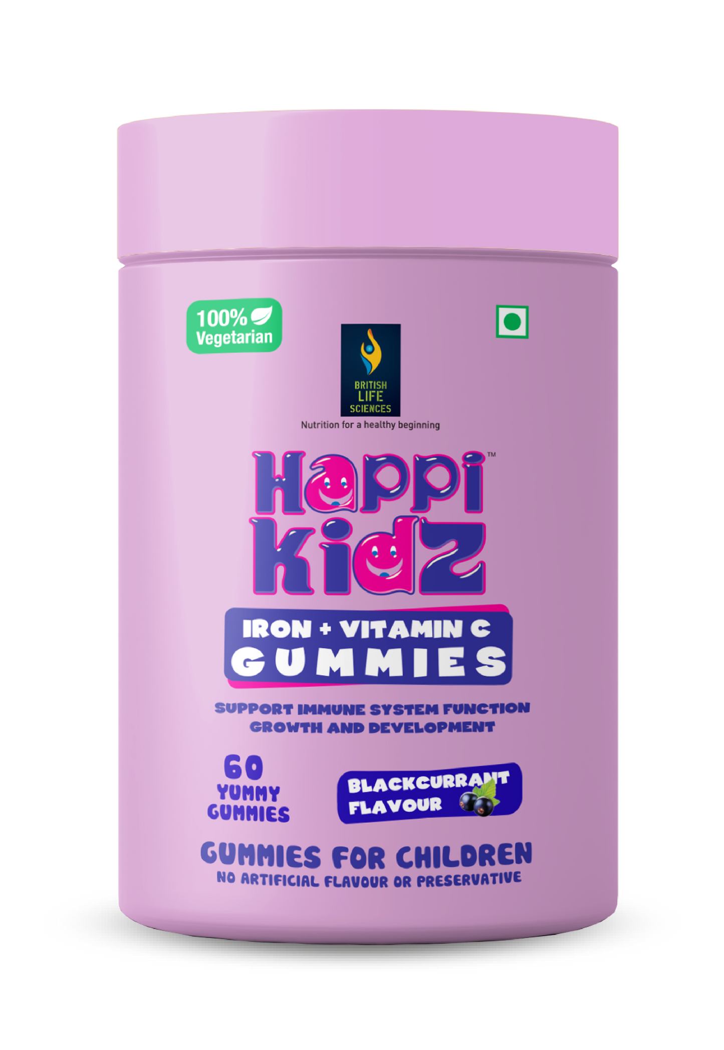 Happi Kidz Nutrition For A Healthy Beginning Happi Kidz Iron + Vitamin C Gummies For Kids-(60 Gummy Bears) -Supports Immune System Function, Blackcurrent Flavor