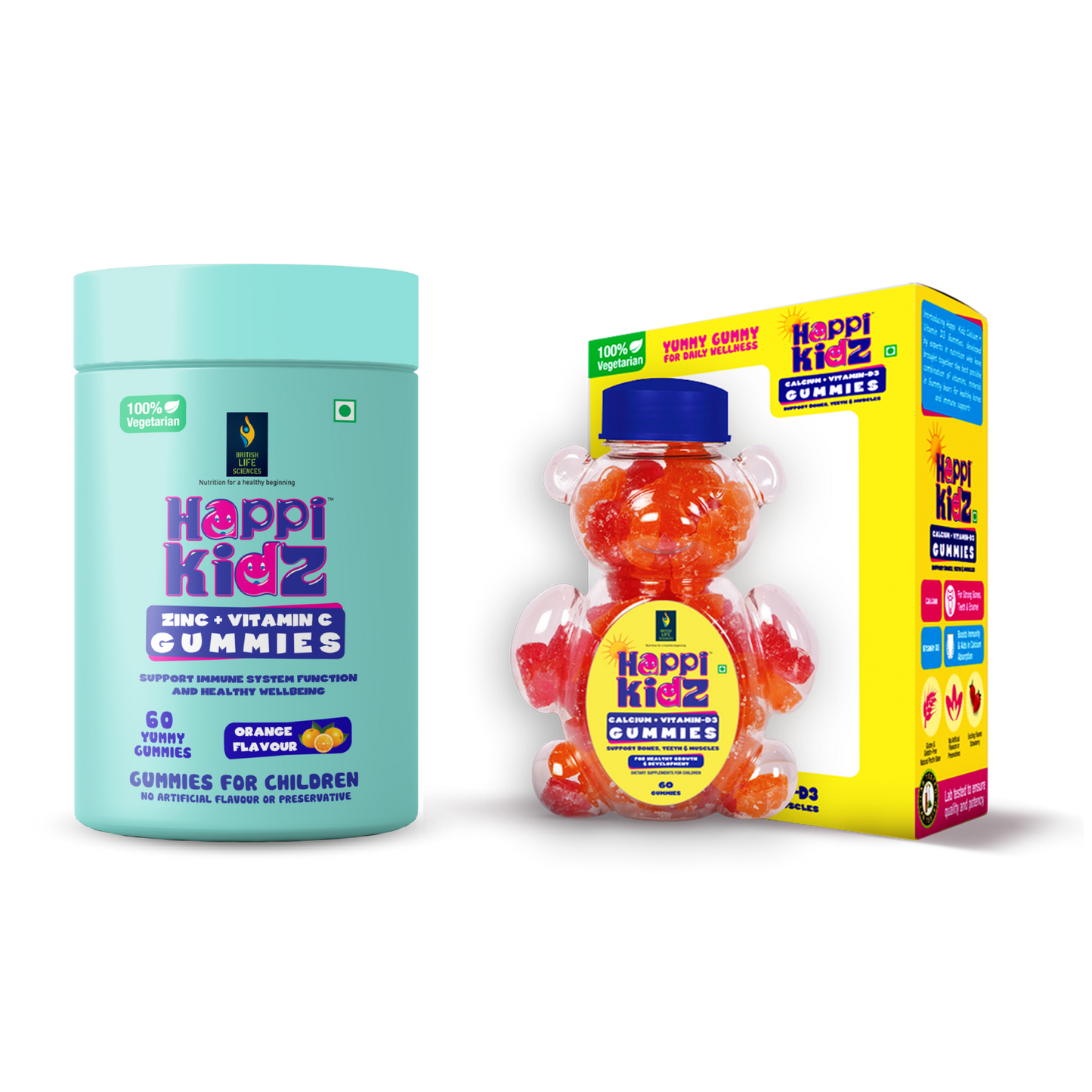 British Life Sciences Happi Kidz Calcium+Vitamin D3 Gummies & Happi Kidz Zinc+Vitamin C Gummies Combo | Natural, Strong Bones, Muscles and Teeth, Boosts Immunity