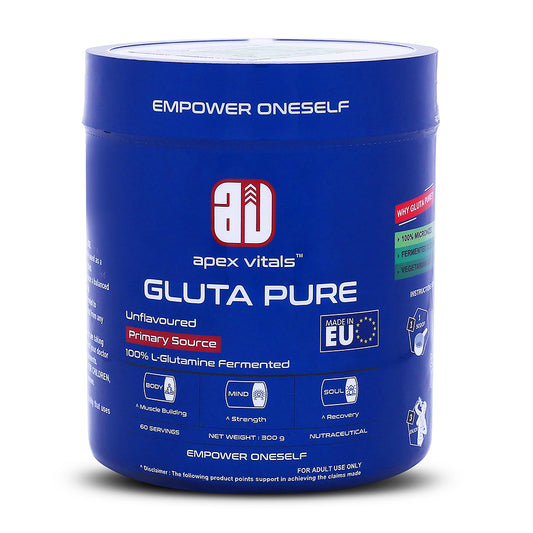 Apex Vitals Gluta Pure L Glutamine 300 G - 60 Ser | German made | Pharma Grade | Made In Europe | FDA, EFSA & FSSAI Certified | Fermented & 100% Micronized | No Chemical Processing & Vegetarian Source