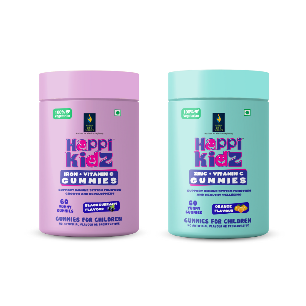 British Life Sciences Happi Kidz Iron + Vitamin C Gummies & Happi Kidz Zinc+Vitamin C Gummies Combo | Natural, Strong Bones, Muscles and Teeth, Boosts Immunity